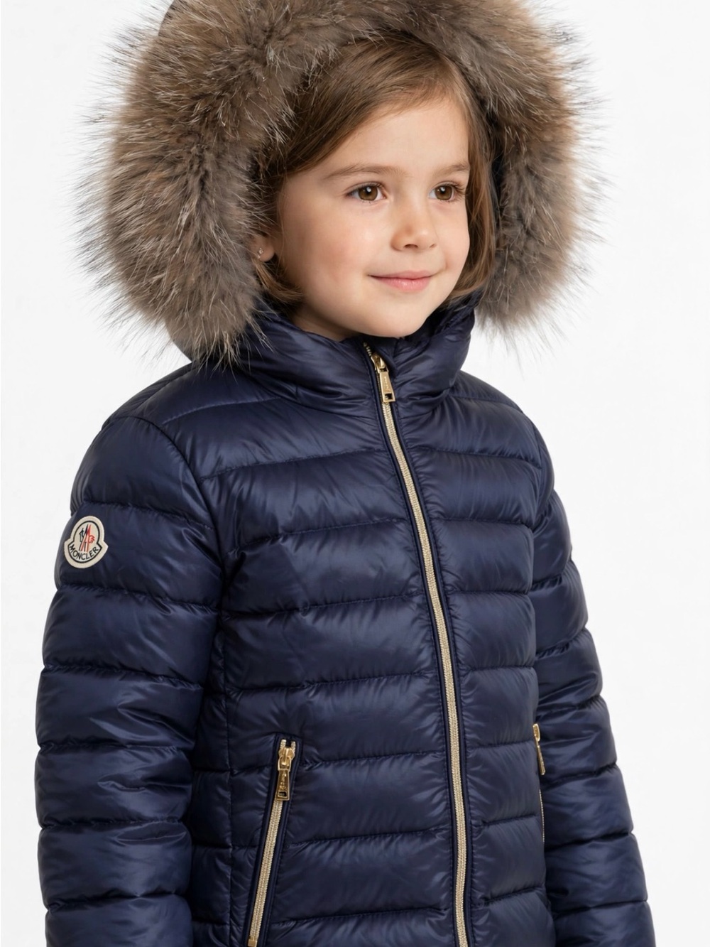 Moncler Kids Navy Puffer Coat with Fur-Trim Hood